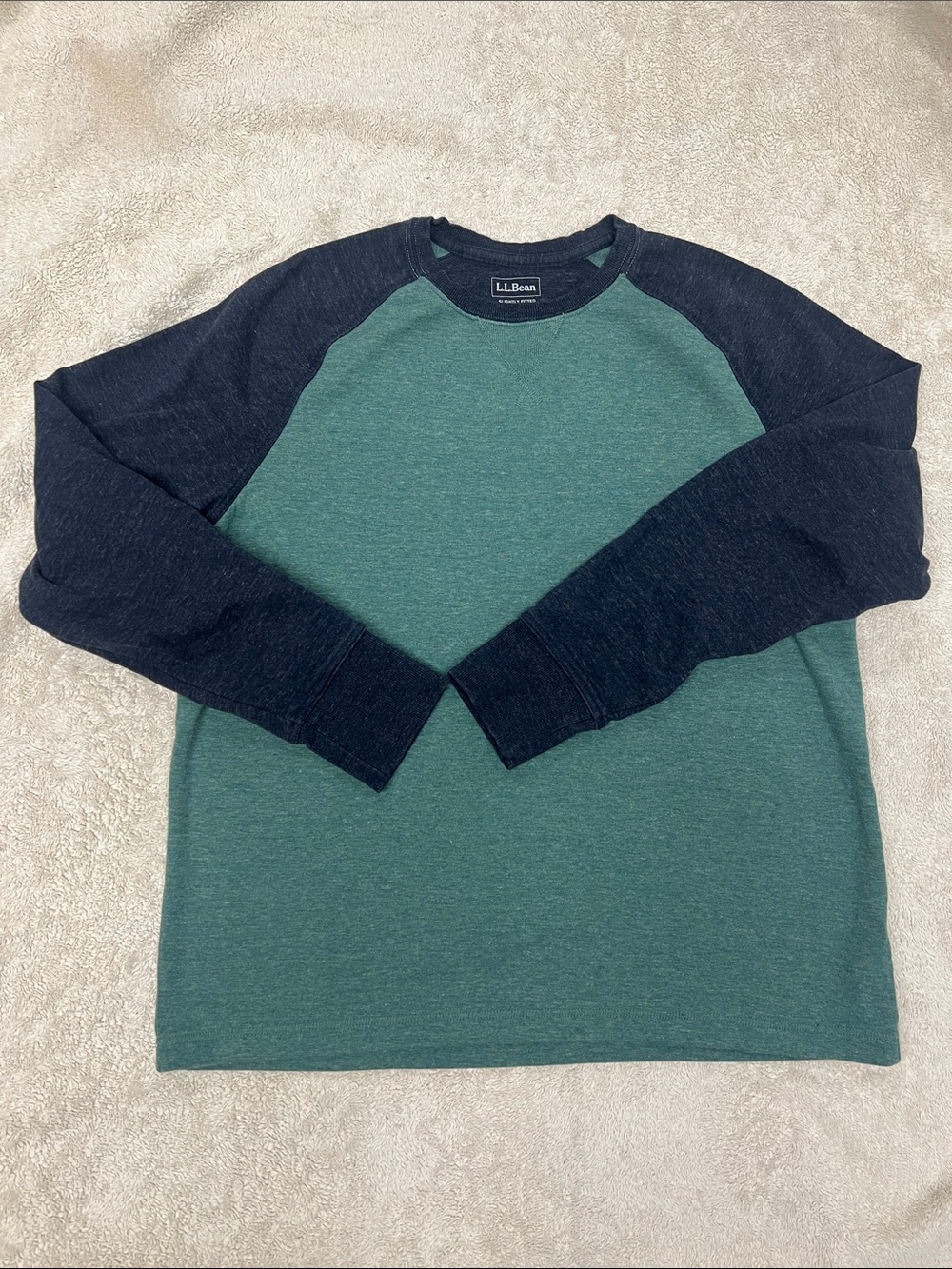 L.L. Bean Two-Tone Raglan Crewneck - Teal Body with Navy Sleeves